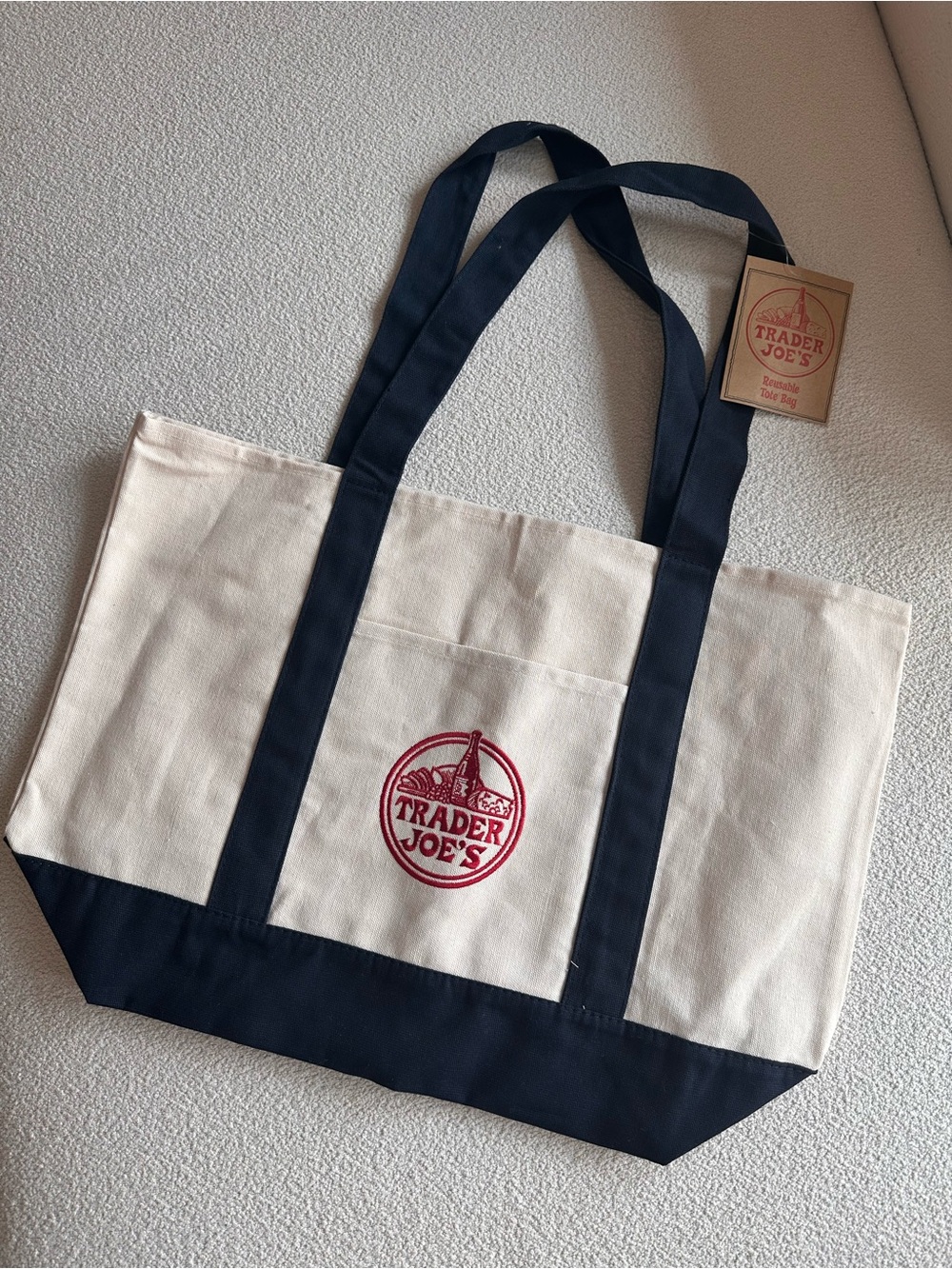 NWT Trader Joe’s Large Canvas Tote Bag Navy Cream Re-Release 2026